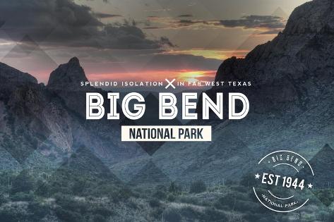 Art Print: Big Bend National Park, Texas - Rubber Stamp by Lantern Press: 18x12in