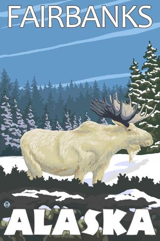 Art Print: Fairbanks, Alaska, Albino Moose Scene by Lantern Press: 18x12in