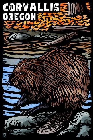 Art Print: Corvallis, Oregon - Beaver - Scratchboard by Lantern Press: 18x12in