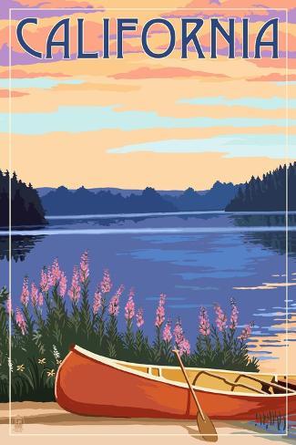 Art Print: California - Canoe and Lake by Lantern Press: 18x12in