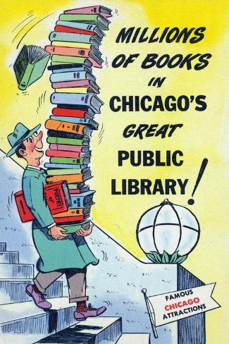 Art Print: Chicago, Illinois, Man Leaving from Chicago Public Library with Lots of Books by Lantern Press: 18x12in