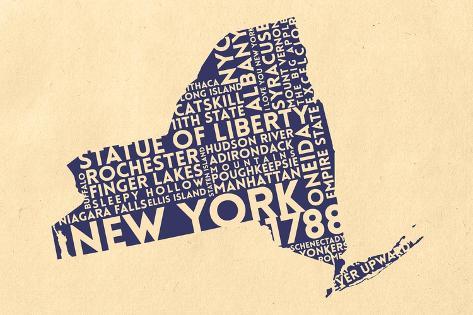 Art Print: New York State Outline Typography (Cream) by Lantern Press: 18x12in