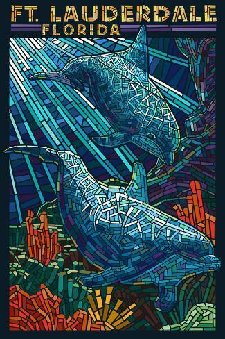 Art Print: Ft. Lauderdale, Florida - Dolphin Paper Mosaic by Lantern Press: 18x12in