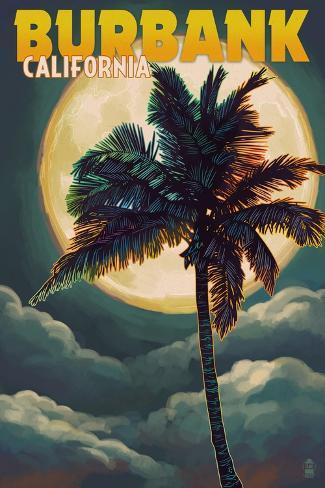 Art Print: Burbank, California - Palm and Moon by Lantern Press: 18x12in