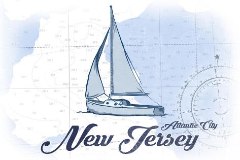 Art Print: Atlantic City, New Jersey - Sailboat - Blue - Coastal Icon by Lantern Press: 18x12in