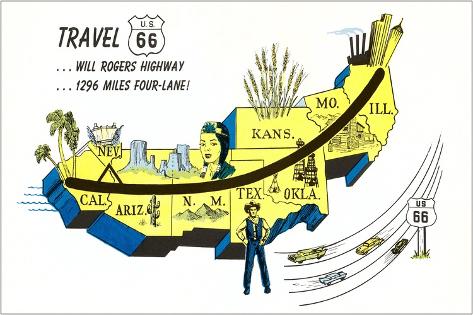 Art Print: Partial Map Showing Will Rogers Highway, Route 66: 18x12in