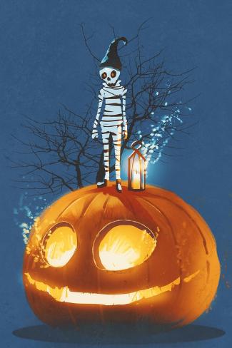 Art Print: Mummy Standing on Giant Pumpkin, Jack O Lantern, Halloween Concept, Illustration Painting by Tithi Luadthong: 18x12in