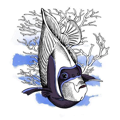Art Print: Poster with Image of Fish Emperor Angelfish and Coral on Blue Striped Background. Vector Illustrati by Afishka: 12x12in