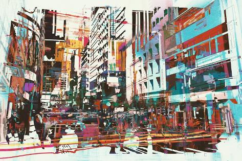 Art Print: Abstract Art of Cityscape,Illustration Painting: 18x12in