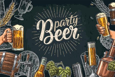 Art Print: Horizontal Poster Beer Set with Tap, Glass, Bottle, Hop Branch with Leaf, Ear of Barley, Barrel, Ta by MoreVector: 18x12in