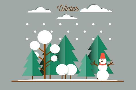 Art Print: Nature, Winter Landscape with Christmas Trees, Snowmen, Snow Drifts. Happy New Year Card by oxygen 8: 18x12in