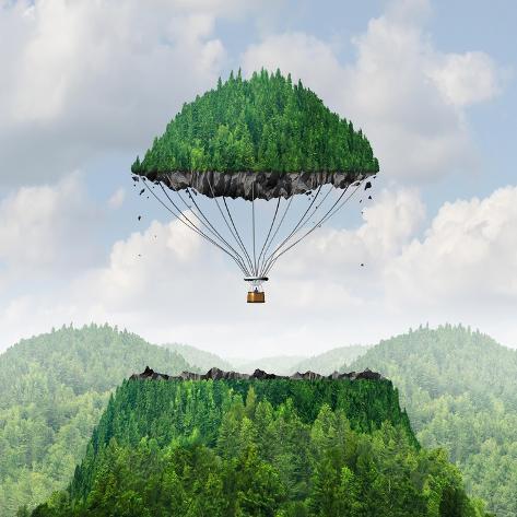 Art Print: Imagination Concept as a Person Lifting off with a Detached Top of a Mountain Floating up to the Sk by Lightspring: 12x12in