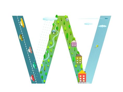 Art Print: Kids Letter W Sign Cartoon Alphabet with Cars and Houses. for Children Boys and Girls with City, Ho by Popmarleo: 12x9in