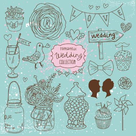 Art Print: Romantic Wedding Collection. Cute Wedding Vector Set. Couple of Lovers, Bow-Tie, Candies, Bouquet, by smilewithjul: 12x12in