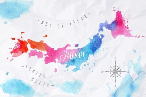 Art Print: Watercolor Map Japan Pink Blue by anna42f: 18x12in