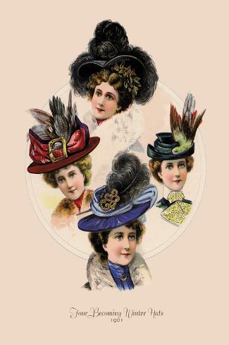 Art Print: Four Becoming Winter Hats: 18x12in