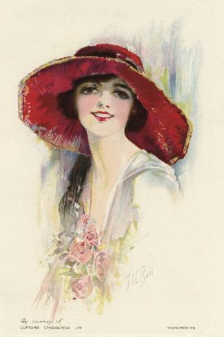 Art Print: A Female Portrait in a Summer Dress and Hat: 18x12in