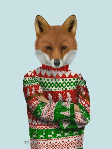 Art Print: Fox in Christmas Sweater by Fab Funky: 12x9in