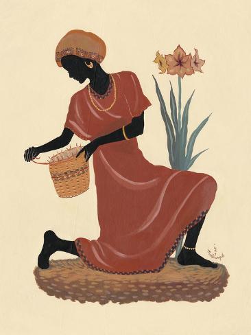 Giclee Print: Kneeling Left Weaving Basket – Orange Dress by Judy Mastrangelo: 12x9in