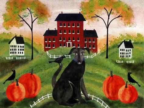 Giclee Print: Country Folk Art Dog, Crows And Pumpkins by Cheryl Bartley: 12x9in