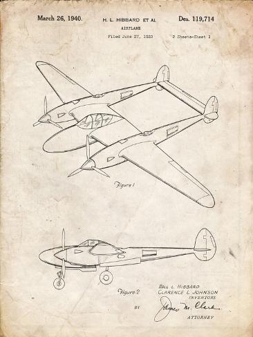 Giclee Print: PP277-Vintage Parchment Lockheed P-38 Lightning Patent Poster by Cole Borders: 12x9in