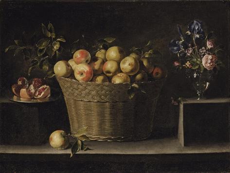 Giclee Print: Apples in a Wicker Basket, an Pomegranate on a Silver Plate and Flowers in a Glass Vase by Juan de Zurbarán: 12x9in