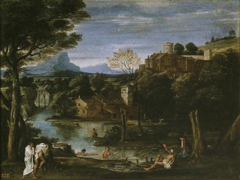 Giclee Print: Landscape with River and Bathers by Annibale Carracci: 12x9in