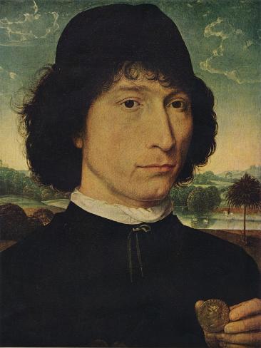 Giclee Print: 'Portrait of a man holding a coin of the Emperor Nero', 1474 by Hans Memling: 12x9in