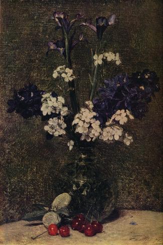 Premium Giclee Print: Vase of flowers, with Cherries and Almonds on the table by Henri Fantin-Latour: 30x20in
