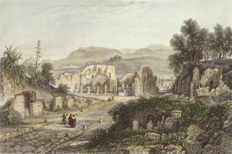 Giclee Print: The Ruins of the Roman Theatre in Pompeii, Colored Engraving, Italy: 18x12in