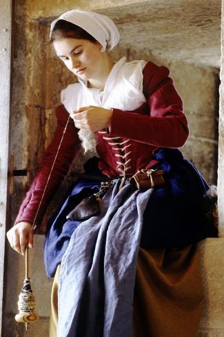 Giclee Print: Tudor Period Young Woman Spinning Wool, Late 16th Century Historical Re-Enactment: 18x12in