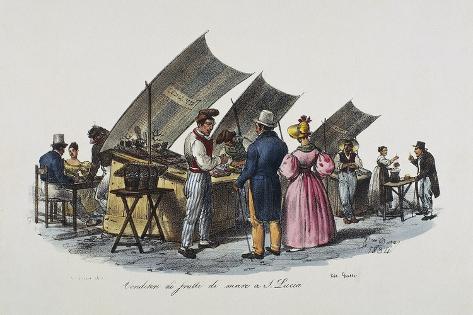 Giclee Print: Seafood Seller in Santa Lucia, Naples, Lithograph, Italy, 19th Century: 18x12in