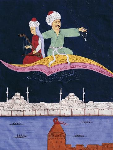 Giclee Print: Aladdin or the Magic Lamp, Magic Carpet Above Istanbul and Galata Tower: 12x9in