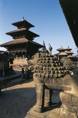 Giclee Print: Nepal, Kathmandu Valley, Lalitpur, Patan, Temple of Vishnata and Lion Sculpture: 18x12in