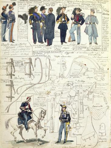 Giclee Print: Uniforms and Equipment of Various Forces of Kingdom of Italy, Color Plate, 1861: 12x9in