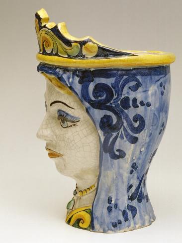 Giclee Print: Vase in Shape of Woman's Head with Blue Fringed Crown and Pearl Necklace: 12x9in