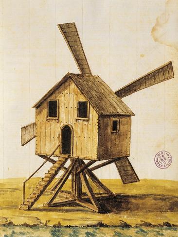 Giclee Print: Old Windmill, from a 17th Century Manuscript, Italy: 12x9in