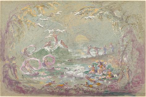 Giclee Print: Lake Scene with Fairies and Swans by Robert Caney: 18x12in