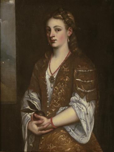 Premium Giclee Print: Portrait of a Young Lady Holding an Apple, 1550s by Titian (Tiziano Vecelli): 24x18in