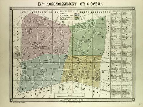 Giclee Print: Map of the 9th Arrondissement De L'Opéra Paris France: 12x9in