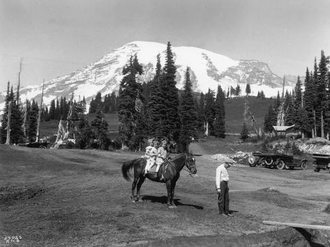 Art Print: Girls on a horse at Mount Rainier National Park Photograph - Seattle, WA by Lantern Press: 12x9in