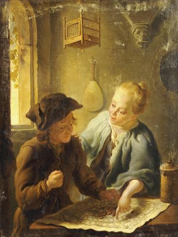 Giclee Print: A Youth and a Young Woman Playing the Jeu de l'Oie in an Interior, 1743 by Louis De Moni: 12x9in
