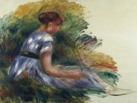 Giclee Print: Alice Gamby in the Garden, Young Girl Sitting in the Grass, 1891 by Pierre-Auguste Renoir: 12x9in