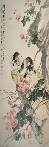 Giclee Print: Cats on a Rock with Roses, Wuwu Year by Cheng Zhang: 24x8in