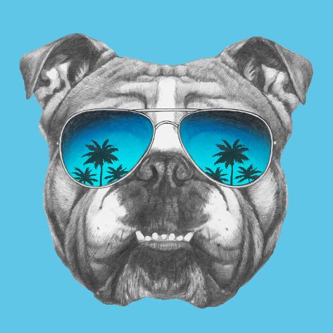 Art Print: Portrait of English Bulldog with sunglasses. Hand-drawn illustration of dog. by Victoria Novak: 12x12in