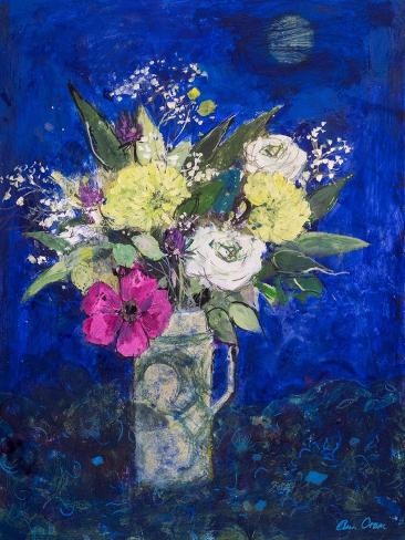 Giclee Print: Midnight Flowers, Deep Blue Ground by Ann Oram: 12x9in