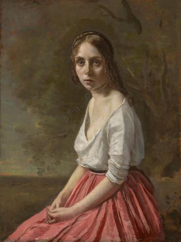 Giclee Print: Young Woman in a Pink Skirt, C.1845-50 (Oil on Canvas) by Jean Baptiste Camille Corot: 12x9in Giclee Print: Young Woman in a Pink Skirt, C.1845-50 (Oil on Canvas) by Jean Baptiste Camille Corot: 12x9in