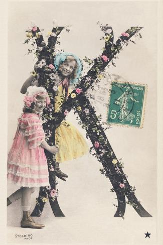 Giclee Print: K: Capital Letter Decorated with Flowers, Two Girls Wearing Ruffled Dresses and Beanies .,1907 (Pho by Edouard Stebbing: 18x12in Giclee Print: K: Capital Letter Decorated with Flowers, Two Girls Wearing Ruffled Dresses and Beanies .,1907 (Pho by Edouard Stebbing: 18x12in