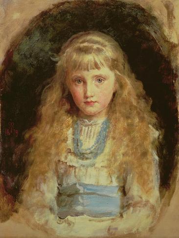 Giclee Print: Portrait of Beatrice Caird Wearing a White Dress with a Blue Sash (Oil on Canvas) by John Everett Millais: 12x9in