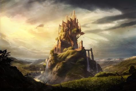 Photographic Print: Digital Illustrated of Dreamy Castle Palace Tower Fortress in Nature Kingdom Landscape by Camille Kuo: 12x8in